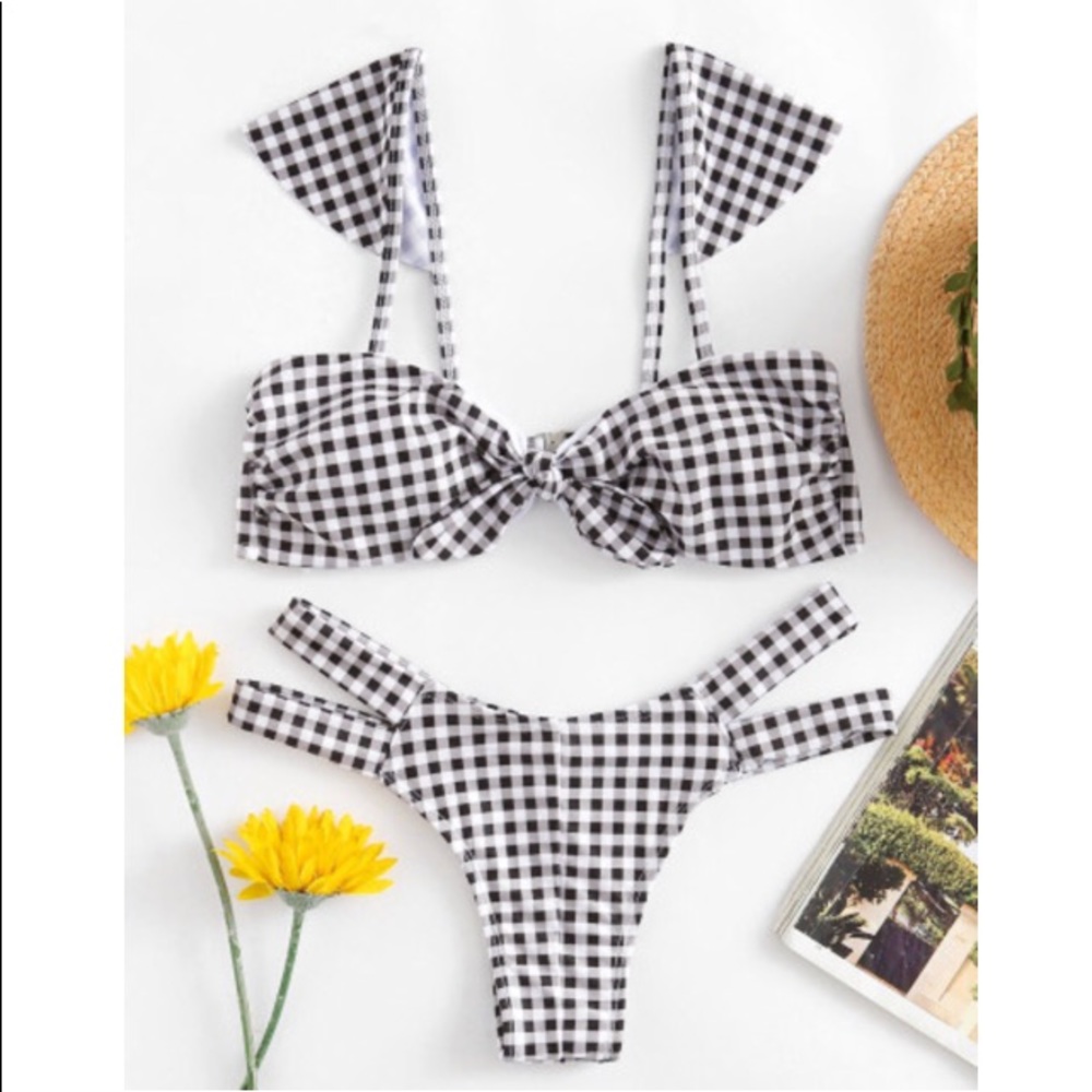 Knot front gingham bikini set